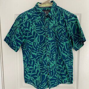Broken threads blue and green botanical button down short sleeved shirt